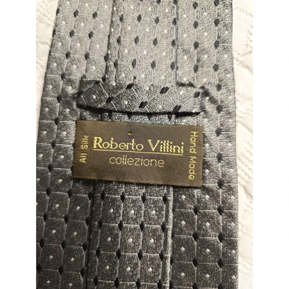 Roberto Villini Mens 100% Silk Necktie Black Silver‎ Handmade Italian Tie Luxury